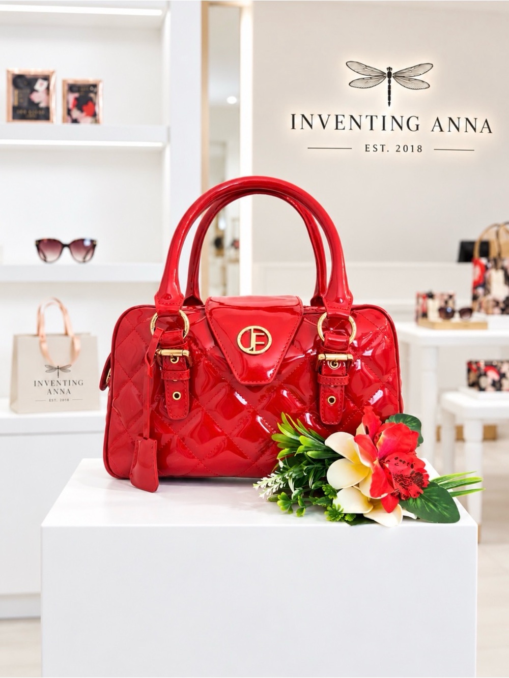 Jack London Red Patent Quilted Satchel Handbag Gold Hardware Purple Interior